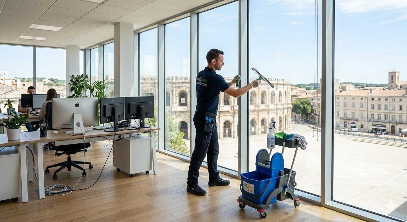 Nettoyage de vitres dans des bureaux professionnels modernes