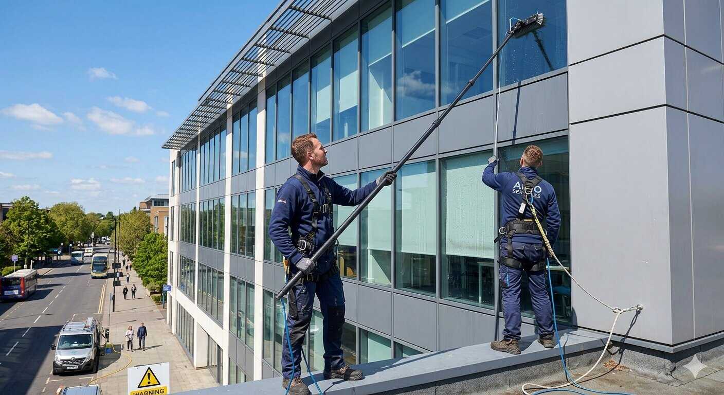 Nettoyage de vitres en hauteur avec perche télescopique